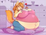  &lt;3 anthro belly big_belly big_breasts breasts cake canid canine canis clothed clothing dessert domestic_dog eating_food female food hi_res huge_breasts hyper hyper_belly kneeling mammal papa_soul pillow pregnant solo tailwag 