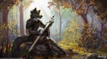  4_toes 5_fingers armor canid canine canis clothed clothing ears_up feet fingers fur fur_black fur_white grass green_eyes hair happy holding_object item items male mammal melee_weapon nature open_eye paws plant rock sitting smile solo sword tail_down teeth thanshuhai toes tree weapon wolf 