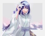  1girl bangs black_hair breasts chinese_clothes closed_mouth earrings eyeliner eyeshadow fate/grand_order fate_(series) flower flower_earrings green_eyes hagoromo hair_ornament hand_in_hair hanfu holding holding_scroll jewelry jing_ke_(fate) kanitama_(putyourhead) long_hair looking_at_viewer makeup ponytail red_eyeshadow sash scroll shawl smile solo white_flower 