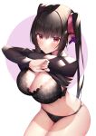  1girl absurdres bangs black_bra black_hair black_panties black_shirt blunt_bangs bra breasts circle cleavage commentary_request hair_ribbon highres lace-trimmed_bra lace_trim large_breasts long_hair looking_at_viewer navel niyun_(n_niyu) panties parted_lips red_eyes ribbon senki_zesshou_symphogear shirt shirt_lift sidelocks simple_background solo standing thighs tsukuyomi_shirabe twintails underwear undressing white_background 
