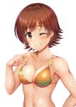  1girl absurdres adjusting_clothes adjusting_swimsuit bangs bikini breasts brown_eyes brown_hair cleavage collarbone commentary_request covered_nipples eyebrows_visible_through_hair grin highres honda_mio idolmaster idolmaster_cinderella_girls looking_at_viewer medium_breasts ment navel one_eye_closed orange_bikini short_hair simple_background smile solo standing swimsuit teeth wet white_background 