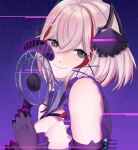  1girl absurdres artstation_logo artstation_username azur_lane black_gloves blonde_hair blush breasts cleavage deviantart_logo deviantart_username gloves grey_eyes highres huge_filesize large_breasts microphone multicolored_hair red_hair roon_(azur_lane) roon_(muse)_(azur_lane) smile solo stasikkarasik streaked_hair upper_body vkontakte_logo vkontakte_username 