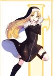  1girl absurdres bangs black_dress black_legwear blonde_hair dress eyebrows_visible_through_hair fang gloves habit hands_clasped hands_together highres interlocked_fingers kneehighs long_hair nun own_hands_together sister_cleaire solo subuart subudraws virtual_youtuber white_gloves yellow_eyes 
