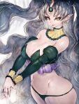 bare_shoulders breasts character_request copyright_request curvy detached_sleeves earrings fumio_(rsqkr) highres jewelry large_breasts long_hair looking_at_viewer midriff navel pointy_ears silver_hair slit_pupils smile very_long_hair wide_hips yellow_eyes 