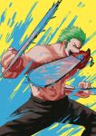  1boy abs alternate_weapon black_pants chainsaw chainsaw_man commentary crossover denji_(chainsaw_man) english_commentary green_hair highres holding holding_chainsaw holding_weapon legs_apart long_sideburns male_focus muscular muscular_male one_piece pants pectorals roronoa_zoro shirtless short_hair sideburns solo stomach tina_fate triple_wielding weapon 