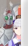  1boy 1girl armor bangs blunt_bangs bow brown_headwear carmine_(ucdio) commentary_request crossover ear_bow gintama gold_ship_(umamusume) grey_hair highres horse_girl horseshoe_ornament justaway kamen_rider kamen_rider_blade_(series) kamen_rider_garren long_hair object_on_head peeking_out pillbox_hat purple_bow purple_eyes purple_shirt sailor_collar sailor_shirt school_uniform shirt tracen_school_uniform umamusume upper_body 