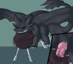  black_body bodily_fluids breeding_mount claws digital_media_(artwork) dragon dreamworks feral genitals hi_res how_to_train_your_dragon male male_penetrating membrane_(anatomy) membranous_wings mount night_fury onomatopoeia penetration penis saliva scalie simple_background solo sound_effects text toothless translucent western_dragon wings yeenbitez 