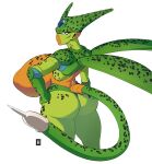  big_breasts big_butt breasts butt cell_(dragon_ball) crossgender dragon_ball female green_body hand_on_hip hi_res huge_breasts humanoid hyper hyper_breasts looking_at_viewer looking_back monster simple_background solo thehelmetguy white_background 