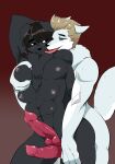  anthro black_body black_hair blonde_hair blush breasts canid canine canis cole_(ninjago) duo floppy_ears genitals hair herm intersex intersex/male knot male mammal multi_breast multi_genitalia multi_penis ninjago paws penis smile tongue tongue_out unknown_artist white_body wolf zane_(ninjago) 
