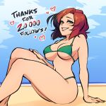  1girl bare_shoulders beach bikini black_hair blue_sky breasts cloud commentary day english_commentary english_text green_bikini green_eyes heart highres large_breasts looking_at_viewer milestone_celebration monorus multicolored_hair o-ring o-ring_bikini original outdoors parted_lips red_hair remi_(monorus) short_hair sitting sky smile solo string_bikini swimsuit thighs two-tone_hair 