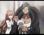  1boy 1girl bangs blurry blurry_background brown_coat brown_shirt character_doll coat collarbone collared_shirt danganronpa_(series) danganronpa_3_(anime) dark_skin dark_skinned_male doll fur_trim green_eyes green_hair hair_ornament half-closed_eyes hands_up high_ponytail holding holding_doll holding_needle labcoat letterboxed long_hair long_sleeves munakata_kyousuke needle no-kan open_mouth orange_hair pink_eyes ponytail sakakura_juuzou shiny shiny_hair shirt short_hair smile upper_body very_long_hair white_shirt yukizome_chisa 