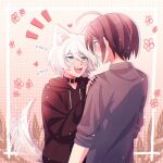  2boys :d ahoge animal_ear_fluff animal_ears bangs black_choker black_hoodie blush brown_eyes cheer_(cheerkitty14) choker collared_shirt danganronpa_(series) danganronpa_v3:_killing_harmony dog_boy dog_ears dog_tail eye_contact fangs floral_print grey_shirt heart highres hood hoodie keebo looking_at_another multiple_boys nail_polish notice_lines open_mouth saihara_shuuichi shirt short_hair smile tail upper_body white_hair 