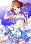  1girl :d absurdres armpits bangs bikini blue_skirt blue_sky breasts brown_eyes brown_hair choker collarbone commentary_request cowboy_shot day eyebrows_visible_through_hair frilled_skirt frills highres idolmaster idolmaster_cinderella_girls layered_skirt looking_at_viewer medium_hair ment midriff navel one_eye_closed open_mouth outdoors ponytail skirt sky small_breasts smile solo standing swimsuit takamori_aiko water water_drop white_bikini white_skirt wrist_cuffs 
