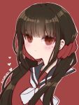  1girl atobesakunolove bangs blunt_bangs brown_hair danganronpa_(series) danganronpa_v3:_killing_harmony eyebrows_visible_through_hair hair_ornament hair_scrunchie harukawa_maki heart highres long_hair looking_at_viewer low_twintails mole mole_under_eye outline red_background red_eyes red_scrunchie red_shirt sailor_collar school_uniform scrunchie serafuku shiny shiny_hair shirt simple_background solo twintails white_outline 