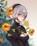  1girl black_dress black_hairband blue_eyes blurry blurry_background breasts cleavage_cutout closed_mouth clothing_cutout commentary_request dress flower from_side hairband highres jiro_(ninetysix) juliet_sleeves long_sleeves looking_at_viewer medium_breasts mole mole_under_mouth nier_(series) nier_automata no_blindfold puffy_sleeves short_hair silver_hair smile solo yellow_flower yorha_no._2_type_b 