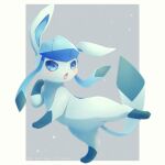  alopias blue_eyes blush commentary_request full_body gen_4_pokemon glaceon highres looking_back no_humans open_mouth paws pokemon pokemon_(creature) repost_notice solo standing standing_on_one_leg toes tongue 