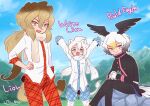 3boys animal_ears arms_up bald_eagle_(kemono_friends) bird_boy bird_tail bird_wings black_jacket black_pants blonde_hair blue_eyes blue_shorts commentary_request crossed_legs eyebrows_visible_through_hair fang fur_collar genderswap genderswap_(ftm) grey_hair hair_between_eyes hands_clasped head_wings jacket kemono_friends lion_(kemono_friends) lion_boy lion_ears lion_tail long_hair long_sleeves looking_at_viewer matching_outfit multicolored_hair multiple_boys open_mouth own_hands_together pants plaid plaid_pants plaid_shorts plaid_trim ponytail red_pants shirt short_hair short_sleeves shorts sitting tail uniform utsuro_atomo white_fur white_hair white_lion_(kemono_friends) white_shirt wings yellow_eyes 