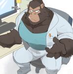  anthro ape armchair chair clothing computer computer_monitor desk doctor footwear fur furniture gorilla gouriki_(odd_taxi) haplorhine hi_res humanoid_hands hyaku_(artist) keyboard male mammal muscular muscular_anthro muscular_male odd_taxi post-it_note primate shoes solo white_clothing white_footwear white_shoes 