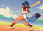  2021 4_fingers absurd_res anthro athletic athletic_anthro athletic_female baseball_(sport) baseball_bat baseball_cap baseball_field baseball_uniform bat_(object) bent_leg biped black_nose blue_clothing blue_eyes blue_hat blue_headwear blue_sky bottomwear brand_new_animal breasts canid canine clenched_teeth clothed clothing cloud day detailed_background digital_media_(artwork) dipstick_tail facial_markings female fence fingers footwear fox-pop fully_clothed gloves_(marking) hair half-closed_eyes hat head_markings headgear headwear hi_res highlights_(coloring) holding_object leg_markings light mammal markings mask_(marking) michiru_kagemori midriff multicolored_tail narrowed_eyes outside plant plantigrade raccoon_dog raised_heel shadow shirt shoes shorts side_view sky socks_(marking) solo sport sportswear standing studio_trigger sunlight tanuki teeth topwear tree uniform watermark white_bottomwear white_clothing white_footwear white_shirt white_shoes white_shorts white_topwear wide_stance 