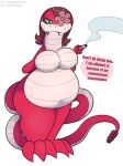  anthro belly big_belly big_breasts breasts clothing drugs english_text female foxball hair hat headgear headwear kitty_pride looking_at_viewer lying mia_mackat neutral_expression non-mammal_breasts nude obese obese_anthro obese_female on_front overweight overweight_anthro overweight_female reptile scalie smile smoking smoking_weed snake solo text 