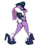  2019 anthro bedroom_eyes binky_bunny butt clothing ears_down female full-length_portrait hi_res high_heels lagomorph leporid mammal narrowed_eyes pinup pivoted_ears police_hat police_uniform portrait pose purple_body rabbit rear_view saransaran scut_tail seductive simple_background solo standing tiny_toon_adventures uniform warner_brothers white_background 