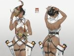  1girl ass belt black_hair bone bone_horns breasts dark_skin dark_skinned_female earrings gloves hair_bun helm helmet highres jewelry mole mole_on_body mole_on_breast mole_on_thigh original single_glove solo watch youzu_(youzuyozu) 