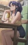  1girl absurdres beer_can belt blush breasts brown_eyes can chair cleavage collarbone cup_ramen free_style_(yohan1754) hair_intakes highres katsuragi_misato large_breasts long_hair looking_at_viewer microwave neon_genesis_evangelion ponytail purple_hair shorts smile solo table tank_top tsurime 