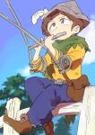  1boy be_(ronironibebe) brown_eyes brown_hair cape crutch hat instrument jimmy_valmer lute_(instrument) music paper_hat playing_instrument short_hair sitting sitting_on_fence solo south_park south_park:_the_stick_of_truth 