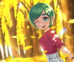  1girl blurry blurry_background dappled_sunlight eyebrows_visible_through_hair futomayu-chan_(sinohira_rin) ginkgo green_eyes green_hair grey_skirt highres looking_at_viewer one_eye_closed open_mouth original outdoors plaid plaid_skirt red_shirt shirt shirt_tucked_in short_hair sinohira_rin skirt smile solo sunlight thick_eyebrows 
