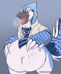  2019 abdominal_bulge after_vore anthro anthro_pred avian beak belly berrywoof big_belly bird black_body black_feathers blue_body blue_feathers blue_jay bottomless breath clothed clothing corvid dated digital_media_(artwork) feather_hands feathered_wings feathers grey_background hand_imprint hand_on_stomach hi_res holding_belly huff imprint jay_(bird) jorik_windfeather male male_pred multicolored_body multicolored_feathers narrowed_eyes necktie new_world_jay open_beak open_mouth open_smile oral_vore orange_eyes oscine passerine pink_tongue shaded signature simple_background smile soft_vore solo suit tail_feathers tongue tongue_out topwear unseen_character vore white_body white_feathers wide_hips wings 