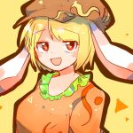  1girl :d animal_ears blonde_hair blush breasts brown_headwear brown_shirt bunny_ears cabbie_hat commentary_request floppy_ears hat highres jitome kujikimi large_breasts looking_at_viewer open_mouth red_eyes ringo_(touhou) shirt short_hair simple_background smile solo touhou yellow_background 