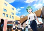  6+girls backpack backpack_removed bag black_hair black_skirt blue_sky brown_hair building cloud cloudy_sky collared_shirt cowboy_shot denim futomayu-chan_(sinohira_rin) green_eyes green_hair grey_sweater_vest highres jeans long_hair multiple_girls off-shoulder_shirt off_shoulder open_mouth original outdoors pants pleated_skirt reflection shirt short_hair sinohira_rin skirt sky smile solo_focus thick_eyebrows white_shirt window 
