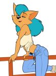  2019 anthro blue_hair bottomwear breasts canid canine clothed clothing denim denim_clothing female fox fur hair hi_res jeans kate_(the_mysteries_of_providence) mammal open_bottomwear open_clothing open_pants pants pinup pose saransaran shirt solo tan_body tan_fur tank_top the_mysteries_of_providence topwear 