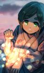  1girl blurry blurry_background cloud cloudy_sky eyebrows_visible_through_hair fireworks futomayu-chan_(sinohira_rin) glowing green_eyes green_hair highres holding japanese_clothes kimono knees_up long_sleeves original senkou_hanabi shadow short_hair sinohira_rin sky solo sparkler twilight 