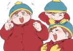  1boy be_(ronironibebe) beanie blush brown_hair closed_eyes eric_cartman gloves hat jacket laughing open_mouth red_jacket short_hair smirk solo south_park 