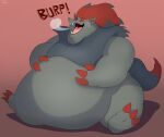  absurd_res anthro belly black_belly black_body black_fur burp_cloud burping claws fur grey_belly hair hand_on_stomach hi_res male morbidly_obese morbidly_obese_anthro morbidly_obese_male nintendo obese obese_anthro obese_male ogretusks overweight overweight_anthro overweight_male pok&eacute;mon pok&eacute;mon_(species) red_hair sitting solo video_games zoroark 