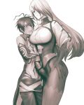  1boy 1girl absurdres antenna_hair asmodeus_(megido72) bad_id bad_pixiv_id bar_censor body_markings breasts censored erection futa_with_male futanari hair_over_one_eye height_difference highres large_breasts long_hair megido72 monochrome penis simple_background solomon_(megido72) tattoo veins veiny_penis white_background yu_(pixiv_41488116) 