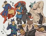  2021 animal_crossing anthro bleach_(series) blue_body blue_fur brand_new_animal brown_body brown_fur canid canine canis clothed clothing collar fishing_rod fox fur group headgear headwear hi_res kaiketsu_zorori lucario male mammal melee_weapon nintendo pok&eacute;mon pok&eacute;mon_(species) sajin_komamura shirou_ogami simple_background sski_0 studio_trigger sword video_games weapon wolf wolfgang_(animal_crossing) zoroark zorori 