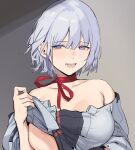  1girl areola_slip areolae bangs banssee breasts choker clothes_lift eyebrows_visible_through_hair girls_frontline highres large_breasts lifted_by_self looking_at_viewer open_mouth purple_eyes red_ribbon ribbon ribbon_choker rpk-16_(girls_frontline) short_hair silver_hair solo teeth upper_body 
