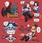  android_17 android_18 bald black_hair blonde_hair blood blood_from_mouth blue_eyes boots breasts broken_glass brown_footwear brown_gloves castlevania chair cleavage cosplay crescent_moon crossed_legs cup detached_collar dracula_(castlevania) dracula_(castlevania)_(cosplay) dragon_ball dragon_ball_z drinking_glass english_text evil_smile fangs full_moon glass gloves hat highres jammeryx kuririn large_breasts logo_parody miniskirt moon open_mouth pleated_skirt pointing pointy_ears red_eyes richter_belmont richter_belmont_(cosplay) shenlong_(dragon_ball) sitting skeleton skirt smile taiyouken vampire watermark web_address whip wine_glass witch_hat 