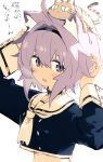  1girl ahoge animal_ears animal_on_head cat cat_ears cat_on_head hairband hololive nekomata_okayu on_head purple_eyes purple_hair sailor_collar tamo_(gaikogaigaiko) temari_(nekomata_okayu) 