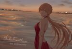  1girl anniversary backless_dress backless_outfit breasts closed_mouth commentary_request copyright_name cowboy_shot dress earrings evening from_side girls_frontline horizon jewelry long_hair looking_at_viewer looking_to_the_side mixed-language_commentary ocean orange_eyes orange_hair ots-14_(girls_frontline) outdoors red_dress selcky small_breasts smile solo strap_gap very_long_hair water 