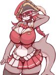  57mm anthro belly belt big_breasts blush bottomwear breasts cleavage clothed clothing digital_media_(artwork) female fish hair hand_behind_head hi_res hololive houshou_marine huge_breasts legwear long_hair mammal marine navel non-mammal_breasts one_eye_closed pirate_hat red_hair shark simple_background skirt smile solo thigh_highs 