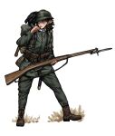  1girl absurdres backpack bag bayonet green_headwear gun helmet highres long_pants long_sleeves original pants pointy_ears remora25 rifle weapon whistle 