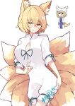  1girl :/ :3 alternate_costume animal_ear_fluff animal_ears bangs blonde_hair blush bob_cut breasts bursting_breasts cleavage cleavage_cutout clothing_cutout commentary_request cosplay costume_switch deetamu dress embarrassed finger_touching fox_ears fox_shadow_puppet fox_tail furrowed_eyebrows green_ribbon highres kitsune kudamaki_tsukasa kudamaki_tsukasa_(cosplay) large_breasts multiple_tails no_pupils onesie ribbon romper shiny shiny_hair short_hair short_sleeves sidelocks simple_background solo tabard tail touhou white_background white_dress white_jumpsuit yakumo_ran yakumo_ran_(cosplay) yellow_eyes 
