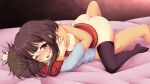  1boy 1girl ass bangs bed blush bottomless breasts brown_hair commission dress english_commentary ether_core girl_on_top grabbing_another&#039;s_hair hetero highres hug kono_subarashii_sekai_ni_shukufuku_wo! lying lying_on_person medium_hair megumin no_shoes on_back on_person one_eye_closed open_mouth purple_legwear red_dress red_eyes satou_kazuma sex shiny shiny_skin shirt single_thighhigh skindentation sweat thighhighs 