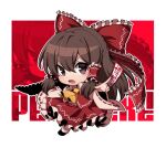  1girl ascot bangs between_fingers bow brown_eyes brown_hair chibi detached_sleeves eyebrows_visible_through_hair full_body hair_between_eyes hair_bow hair_tubes hakurei_reimu holding kuroshirase long_hair looking_at_viewer nontraditional_miko open_mouth outline red_bow red_ribbon red_shirt red_skirt ribbon ribbon-trimmed_sleeves ribbon_trim shirt skirt solo touhou v-shaped_eyebrows white_outline yellow_neckwear zoom_layer 