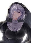  breasts filha girls_frontline habit highres medium_breasts nun one_eye_covered purple_eyes rpk-16_(girls_frontline) short_hair signature silver_hair smile wind 