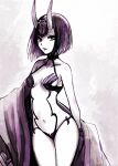  1girl bob_cut breasts collarbone cowboy_shot fate/grand_order fate_(series) greyscale hair_ornament hizuki_mai horns monochrome navel oni_horns purple_theme revealing_clothes robe shuten_douji_(fate) skin-covered_horns small_breasts solo 