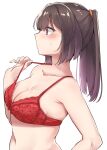  1girl absurdres akizuki_(kancolle) black_hair blush bra breasts collarbone eyebrows_visible_through_hair from_side highres kantai_collection kiritto long_hair medium_breasts navel ponytail purple_eyes red_bra simple_background solo underwear underwear_only upper_body white_background 